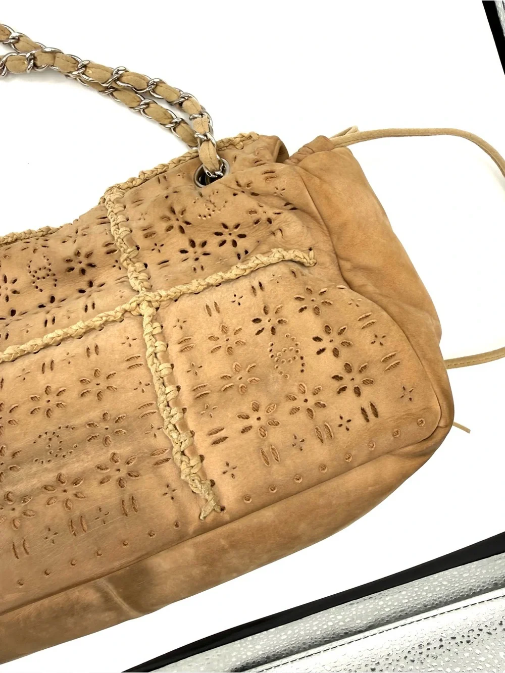 Chanel Tan Brown Suede Fringe Floral CC Flap Bag